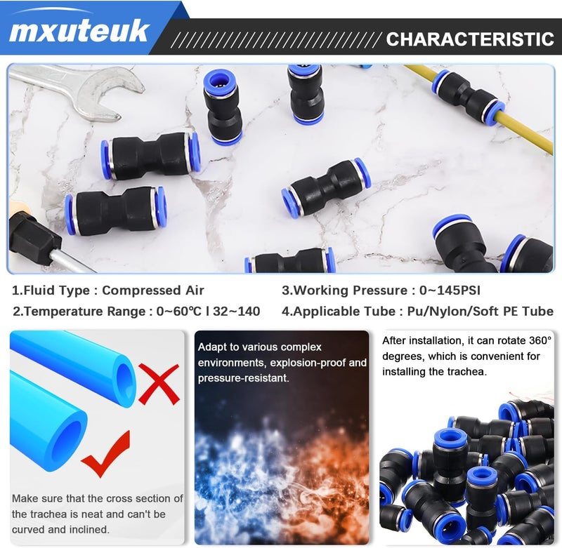 mxuteuk 110 قطعة موصلات خرطوم الهواء السريعة، 4/6/8/10/12 مم موصلات دفع مستقيمة، موصلات خط الهواء موصلات دفع للتوصيل للأنابيب - Image 4